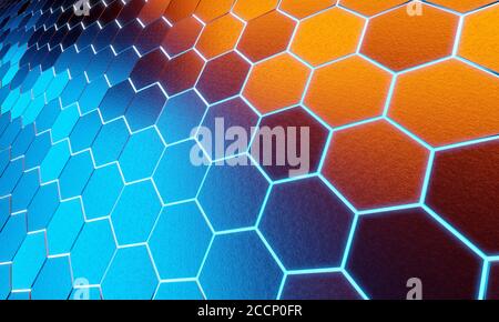 Motif d'arrière-plan hexagons bleu et orange brillant sur la surface métallique argentée du rendu 3D Banque D'Images
