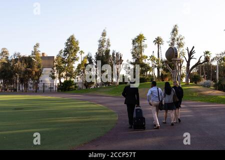 Les personnes sortant du bureau traversant un parc. Travailleurs de bureau traversant un parc urbain le soir. Tenue élégante et décontractée. Perth, Australie Banque D'Images