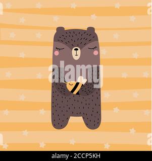 Ours mignon avec une abeille de style scandinave pour la main des enfants Illustration de dessin animé Doodle Vector dessinée Illustration de Vecteur