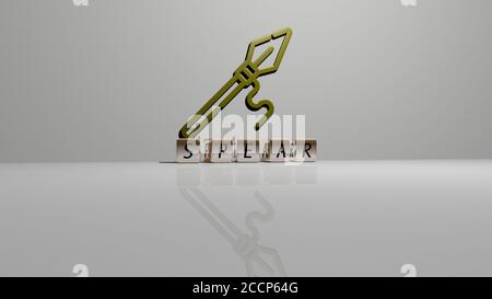 TEXTE EFFILÉE de lettres de dés cubes sur le sol et icône 3D sur le mur, illustration 3D Banque D'Images