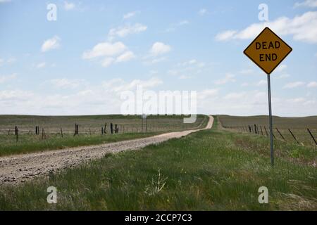 Panneau d'avertissement de fin de route jaune et route rurale menant à l'horizon et à l'infini Banque D'Images