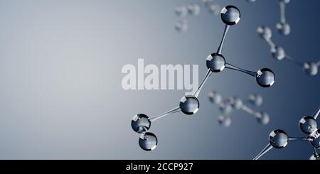 Molécules de verre abstraites flottant sur fond bleu fluide avec foyer sélectif et espace de copie - illustration 3D, environnement, biotechnologie, pharmacie Banque D'Images