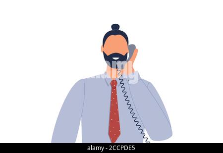 Consultant en ligne de support répondant aux questions des consommateurs par téléphone.Hipster jeune Homme tenant un téléphone fixe. Homme d'affaires Illustration de Vecteur