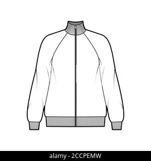 Grand sweat-shirt à manches longues et fermeture à glissière, illustration technique de la mode avec des bordures en jersey de coton, raglan et côtelées. Pull extérieur plat modèle de vêtement avant blanc couleur. Femme, homme unisex top CAD Illustration de Vecteur