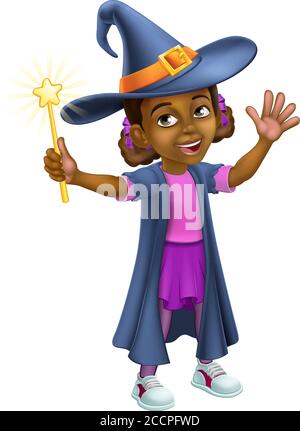 Black Girl Cartoon enfant Halloween Witch Costume Illustration de Vecteur