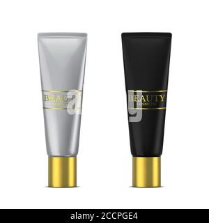 Illustration 3D vectorielle pour la gamme de produits de beauté pour les soins du visage. Bouteille de crème Mockup argent et noir sur fond blanc. Vecteur réaliste Illustration de Vecteur