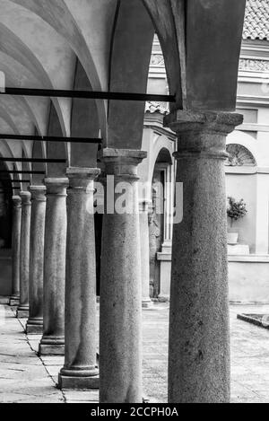 Rangée de colonnes architecturales dans l'arcade historique. Image en noir et blanc. Banque D'Images