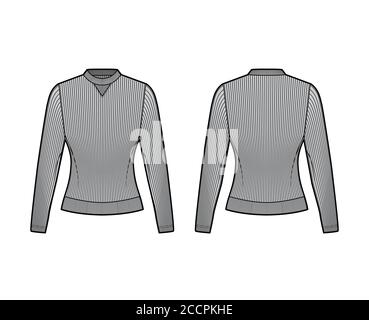 Sweat-shirt en jersey de coton côtelé illustration technique de la mode avec manches longues, corps ajusté, col rond. Modèle de vêtement pour pull sans pinces à l'avant et à l'arrière de couleur grise. Femmes hommes unisexe haut tricot CAD maquette Illustration de Vecteur