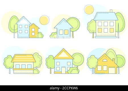 Ensemble d'icônes maison. Collection d'icônes linéaires Country Cottage. Ensemble d'icônes de ligne de biens immobiliers. Illustration vectorielle EPS8 Illustration de Vecteur