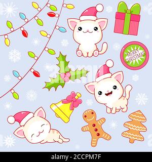 Collection de Noël. Ensemble de petits chats kawaii dans diverses poses. Joli chaton en chapeau de père Noël. Autocollants avec cadeau, guirlande de Noël, pain d'épice, cloche, houx Illustration de Vecteur