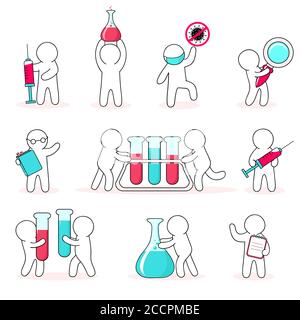 Concept de recherche et développement en biologie. Ensemble de marionnettes blanches simples avec tubes et flacons. Nouveau test de vaccin. Collecte de virus et de bactéries réére Illustration de Vecteur