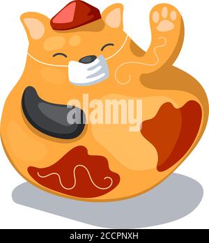Figurine de chat chinoise dans un masque de protection médicale. Illustration du vecteur Maneki neko sur fond blanc. Concept de protection médicale du coronavirus. Protection Illustration de Vecteur