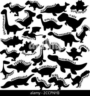 Adorable silhouette de dinosaure avec inscription au nom de l'espèce. Dessin animé dino vecteur clipart sur fond blanc. Affiche pour enfants avec personnage de dinosaure. Prehis Illustration de Vecteur