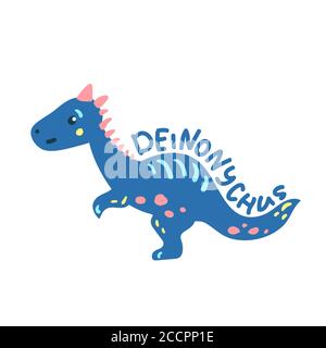 Dinosaure de dessin animé Deinonychus. Adorable personnage dino isolé. Illustration ludique du vecteur dinosaure sur fond blanc. Lettrage à la main Deinonychus. Illustration de Vecteur