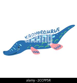 Dinosaure de dessin animé Kronosaurus. Adorable personnage dino isolé. Illustration ludique du vecteur dinosaure sur fond blanc. Lettrage Kronosaurus dessiné à la main. Illustration de Vecteur