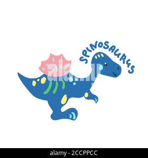 Dinosaure de dessin animé Spinosaurus. Adorable personnage dino isolé. Illustration ludique du vecteur dinosaure sur fond blanc. Lettrage Spinosaurus dessiné à la main. Illustration de Vecteur