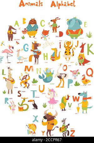 Les animaux vectoriels abc avec de jolis personnages et lettres d'animaux de dessin animé. Illustration de Vecteur