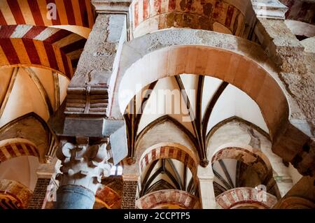 Alternance de voussoirs doubles arcs de la Grande Mosquée de Cordoue composée d'arche inférieure en fer à cheval et d'arche supérieure semi-circulaire, Espagne. Banque D'Images