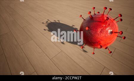 Concept ou illustration 3D rouge conceptuelle du coronavirus sur bois l'arrière-plan du sol comme avertissement pour une épidémie globale et le danger de transmission de Banque D'Images
