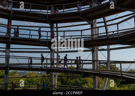 Plora, Allemagne. 18 août 2020. Les touristes marchent jusqu'à la tour d'observation de 40 mètres de haut. La tour a été construite autour d'un hêtre de cuivre. Il a la forme d'un nid d'aigle et est situé dans le centre du patrimoine naturel dans une forêt de hêtres sur l'île de Rügen. Le chemin de la cime des arbres mesure 1250 mètres de long au total. Credit: Stephan Schulz/dpa-Zentralbild/ZB/dpa/Alay Live News Banque D'Images