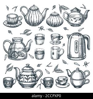 Collection théières et tasses à thé. Illustration d'esquisse vectorielle dessinée à la main. Ensemble d'icônes d'ustensiles en céramique, verre et porcelaine. Ustensiles de cuisine et décoration d'intérieur i Illustration de Vecteur