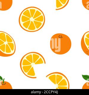 Agrumes. Oranges. Orange entier et coupé, moitié et tranches. Vitamine C. Schéma vectoriel sans couture avec des éléments aux couleurs chaudes isolés sur du blanc Illustration de Vecteur