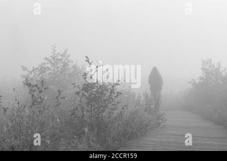 Silhouette de la personne qui marche sur une promenade en bois au début de la matinée brume dans les paysages extérieurs monochrome Banque D'Images