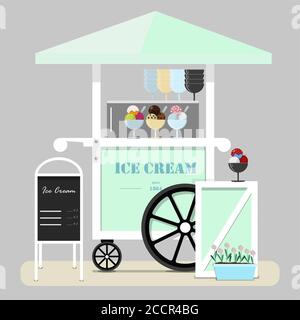 Panier plat à crème glacée mignon. Diner dans le parc, à la foire, la rue et le festival. Illustration vectorielle dans des tons de vert pastel et de bleu. Point de vente de crème glacée, Popsicle, Gelato, glace et milk-shakes. Crème glacée froide pour les enfants et les adultes lors d'une promenade à l'air frais. Illustration de Vecteur