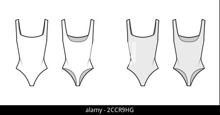 Body en jersey extensible à encolure carrée profonde et dos ouvert, illustration technique de la mode. Modèle de vêtement plat d'une seule pièce à l'avant, à l'arrière, blanc, de couleur grise. Femmes hommes unisex maillot de bain CAD maquette Illustration de Vecteur