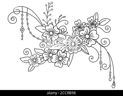 Fleurs botaniques fleuries dessin à la main dessin au trait d'art décoratif fleurs et composition de vignettes. Illustration de modèle floral monochrome vectoriel pour invitation à un mariage Illustration de Vecteur