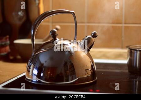 Bouilloire en acier sur le pot à feu dans la cuisine, eau bouillante Banque D'Images