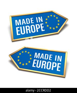 Etiquettes fabriquées en Europe isolées sur blanc. Certificat de l'Union européenne à l'intérieur des formes d'icônes de flèche, fond bleu, bordures dorées et symbole d'étoiles jaunes, p Banque D'Images