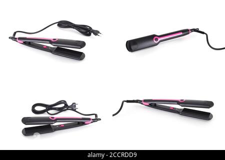 Brosse coiffante électrique avec plaques en céramique et effet ondulé sur fond blanc, isoler, styliste outil Banque D'Images