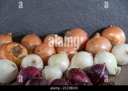 L'oignon est le nom populaire de la plante dont le nom scientifique est Allium cesp. Condiment pour assaisonnements. Ingrédient culinaire. Nourriture humaine. Oignons frais. Banque D'Images