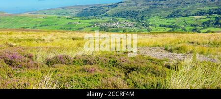 Vue panoramique sur le village de Dales de Reeth depuis la lande de Grinton dans le Yorkshire Dales. L'été, lorsque la bruyère est en fleur sur les landes de tétras. Banque D'Images