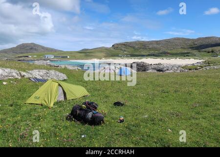 camping sauvage. Halaman Bay Bagh Halaman. La Hebridean Way. île de Barra. Brides extérieures. Highlands. Écosse. ROYAUME-UNI Banque D'Images