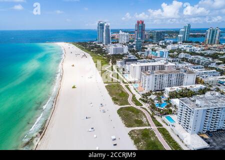 Miami Beach Floride, l'eau de l'océan Atlantique, South Beach, les plages publiques fermées vides désertes et vides, gratte-ciel gratte-ciel de haute élévation construction de gratte-ciel Banque D'Images