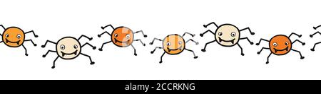 Araignées bordure vectorielle sans couture. Motif Halloween répété noir orange. Jolie illustration d'araignée dessinée à la main pour le décor de fête d'enfants, rubans, bannières Illustration de Vecteur