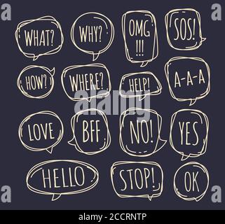 Ensemble de différentes bulles de parole dans le style dooodle avec le texte non, stop, ok, oui, amour, sos, quoi et autre à l'intérieur. Illustration vectorielle Illustration de Vecteur