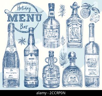 Set bouteilles Whiskey, rhum, champangne, vin, tequila Vintage dessin main dessin dessin bar, restaurant, café menu style gravure réaliste style créatif Illustration de Vecteur