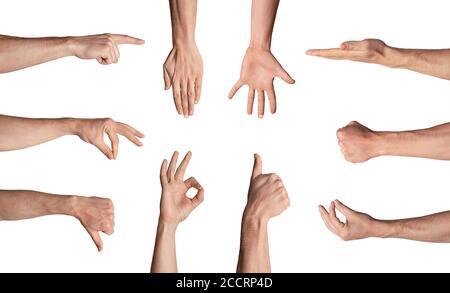 Collage avec homme méconnaissable montrant divers gestes isolés sur blanc Banque D'Images