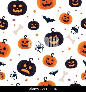 Motif Halloween avec différentes citrouilles, une lanterne de type Jack o sinistre, des araignées et des chauves-souris Illustration de Vecteur