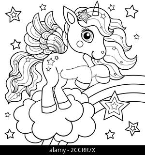 Jolie licorne sur un arc-en-ciel aux étoiles. Illustration pour enfants en noir et blanc. Pour la conception de livres à colorier, cartes postales, imprimés, affiches, tatouages. Illustration de Vecteur