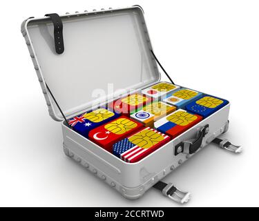 Jeu de cartes SIM pour les voyages. Une valise remplie de cartes SIM avec l'image des drapeaux des Etats. Illustration 3D Banque D'Images