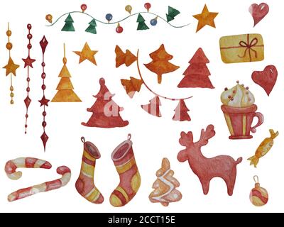 éléments du nouvel an. Un ensemble de photos pour Noël et le nouvel an - arbres de Noël, guirlandes, balles, cerfs, canne à sucre, bonbons et pain d'épice, cadeaux Banque D'Images