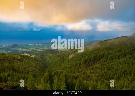 Coucher de soleil sur une forêt de Fogo, île de São Miguel, Açores Banque D'Images