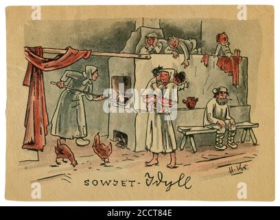 Carte postale historique allemande : 'Soviet idylll'. Caricature d'une grande famille avec des enfants à l'intérieur d'une cabane, près d'un poêle russe, Union soviétique, 1941 Banque D'Images