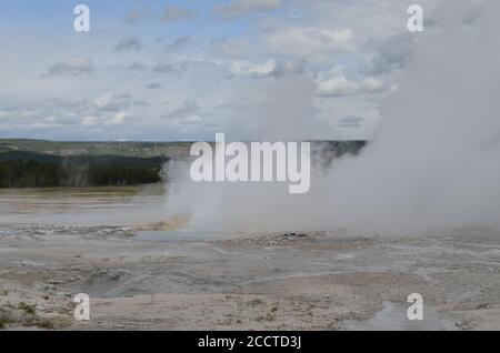 Fin du printemps dans le parc national de Yellowstone : le geyser de la fontaine du groupe éclate dans le bassin inférieur du Geyser Banque D'Images