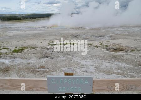 PARC NATIONAL DE YELLOWSTONE, WYOMING - le 9 JUIN 2017 : le Geyser de la fontaine du groupe éclate dans le bassin inférieur du Geyser Banque D'Images