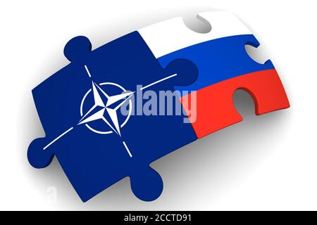 Coopération entre la Fédération de Russie et l'OTAN. Puzzles avec drapeaux de la Fédération de Russie et de l'OTAN sur une surface blanche. Banque D'Images